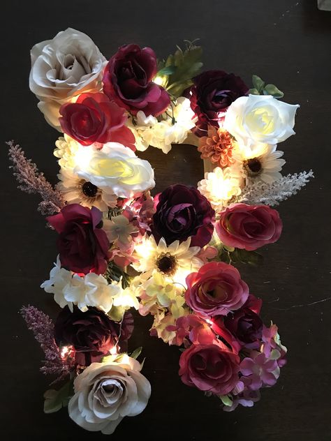 Took a cardboard letter and filled with flowers and lights Letter Filled With Flowers, Cardboard Letters, Birthday Posters, Happy Birthday Posters, Wedding Inside, Light Letters, Flower Letters, Birthday Poster, Sweet 16