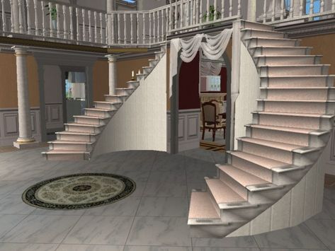 ModTheSims - Double Curved Staircase Sims 3 Houses Plans, Double Stairs, Curved Stairs, Foyer Stairs, Staircase Interior Design, Stair Well, Traditional Staircase, Diy Staircase, Beautiful Stairs