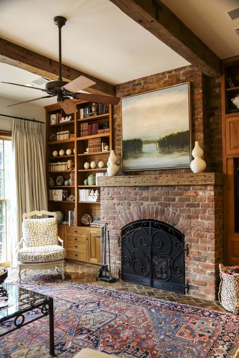 Old Brick Fireplace, A Hays Town, Brick Fireplace Decor, Red Brick Fireplace, Red Brick Fireplaces, Fireplace Mantel Designs, Ohio House, Blithe Spirit, Living Room Transformation