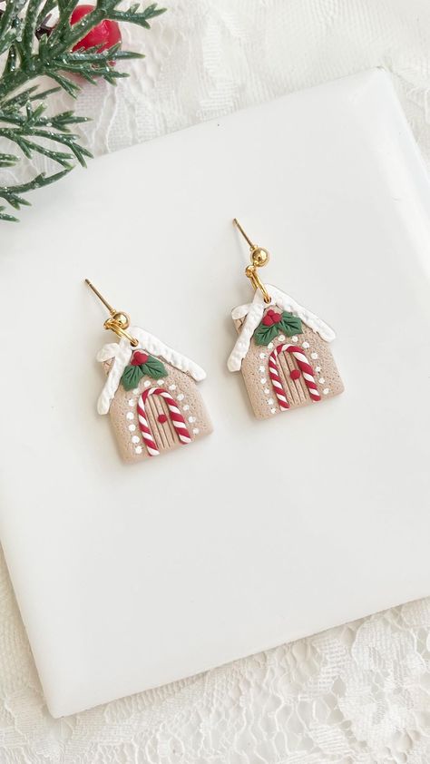 Gingerbread Houses in the making ✨ Launching Saturday, November 4th at 12pm PST • • • #clayearrings #christmasearrings #christmasvibes… | Instagram Gingerbread Polymer Clay Earrings, Gingerbread House Earrings, Christmas Clay Earrings Ideas, Polymer Clay Gingerbread House, Holiday Jewelry Ideas, Easy Gingerbread House, House Earrings, Christmas Jewelry Diy, Mini Gingerbread House