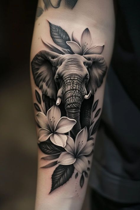 Elephant Tattoo For Women, Elephant Tattoos With Flowers, Small Elephant Tattoo, Elephant Thigh Tattoo, Mandala Elephant Tattoo, Elephant Tattoo Meaning, Elephant Tattoo Ideas, Inner Forearm Tattoo, Elephant Silhouette