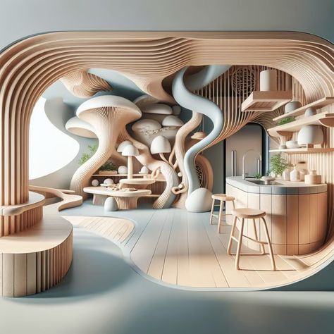 Biophilic Architecture: Mushroom House Kitchen with Japanese-Inspired Design Mushroom Interior Design, 2023 Home Trends, Mushroom Interior, Traditional Japanese Living Room, Biophilic Architecture, Japanese Style Kitchen, Japanese Living Room, Bungalow Interior, Minimalist Japanese