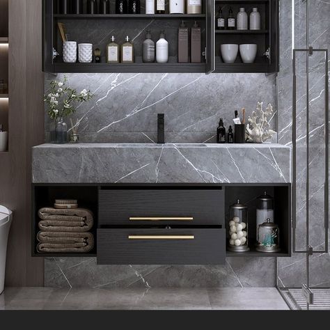 Small Sink And Vanity, Bathroom Vanity Design Modern, Regular Bathroom, Small Grey Bathrooms, Makeover Kamar Mandi, Sink Counter, Floating Bathroom Vanities, Grey Bathroom Vanity, Stone Countertop