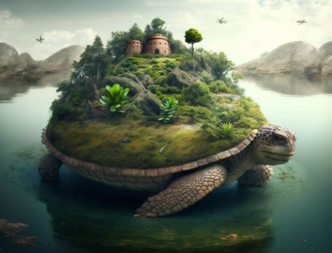 photo of an island that is a giant turtle with plants on its shell Giant Turtle Fantasy Art, Mythical Garden, Turtle Games, Giant Turtle, Plant Tower, Foam Sculpture, Forest Village, Giant Animals, Creatures Art