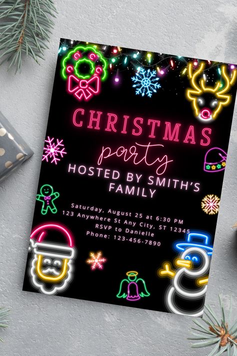 Excited to share the latest addition to my #etsy shop: Editable Neon Christmas Party Invitation, Neon Holiday Party Invitation Template, Neon Christmas Signs, Instant Download, Evite Invitation https://etsy.me/3tSlN4v #black #christmas #rainbow #editabletemplate #instantdownload #invitationtemplate #digitaltemplate #textinvitation #christmasevite Neon Christmas Party Theme, Neon Christmas Party, Christmas Party Theme, Neon Christmas, Christmas Party Host, Evite Invitations, Christmas Rainbow, Holiday Party Invitation, Christmas Party Themes