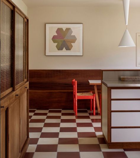 Katie Lockhart Studio on Instagram: “A family kitchen recently designed with hints of Italian modernism and Japanese craft 📸 @david_._straight” Katie Lockhart, Heath Ceramics Tile, Checkerboard Floor, Achille Castiglioni, 1920s House, Kitchen Redesign, Bathroom Red, Flooring Inspiration, Japanese Craft