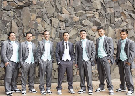 My groom with our groomsmen in there gray and tiffany blue suit paired with Jordan shoes! Groomsmen Wearing Jordans, Jordans Wedding Shoes Grooms, Jordan Wedding Shoes Grooms, Outfit With Jordans, Wedding Schemes, Groomsmen Ideas, Wedding Groomsmen Attire, Groom Wedding Attire, White Basketball Shoes