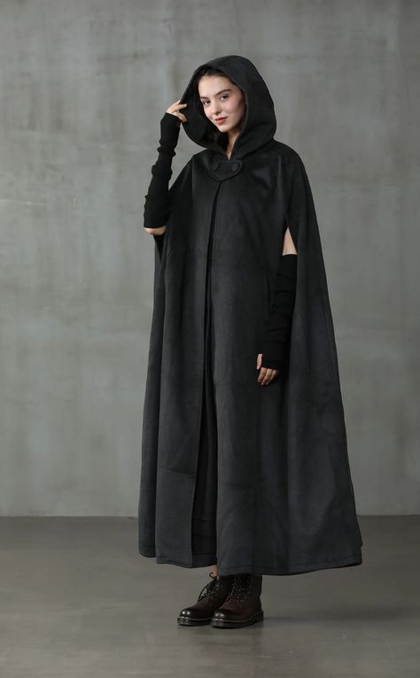 Maxi Hooded Wool Coat Cloak (8 Colors) – Linennaive Modern Cloak Outfit, Cloak Poses, Fantasy Hooded Cloak, Black Cloak With Hood, Riding Cloak, Cloaks Hooded, Victorian Cloak, Fantasy Cloak, Long Hooded Cloak