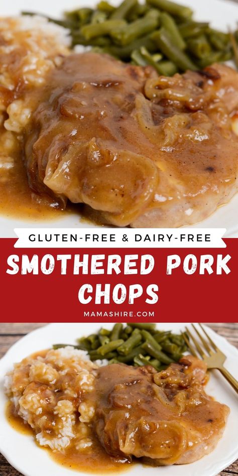 Easy gluten-free dinner of tender pork chops smothered in a rich and savory onion gravy. This delicious dinner is easy and perfect for any dinner, whether it’s a weekday dinner or having guests over. Serve this with rice or mashed potatoes and a side vegetable for a delicious and hearty meal. Dairy Free Smothered Pork Chops, Low Carb Smothered Pork Chops, Gluten Free Stuffed Pork Chops, Gluten Free Smothered Pork Chops, Pork Chop Gravy Recipe, Smoothered Pork Chops, Gluten Free Pork Chop Recipes, Gluten Free Pork Chops, Pork Chops Smothered