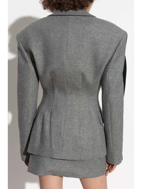 Find THE MANNEI Venus Blazer on Editorialist. grey wool blend leather trim front button fastening hourglass shoulder pads double layer notched lapels long sleeves two side flap pockets Cinched Waist Blazer, The Mannei, Product Review, Blazer Dress, Dandy, Leather Trim, Flap Pocket, Shoulder Pads, Leather Trims