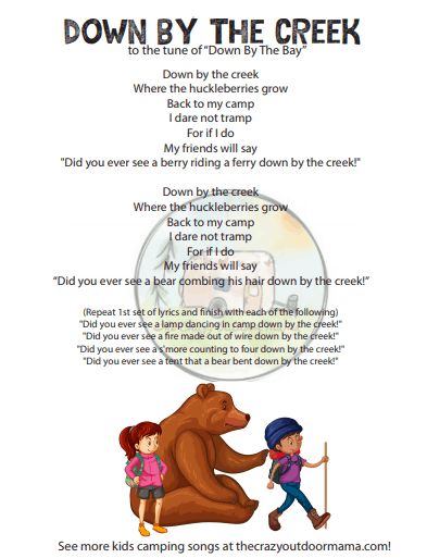 down by the creek tune of down by the bay kids campfire song fun camping songs to sing around the campfire or for a camp themed party at preschool! I can't wait to get this cute camp themed kids printable for my kids next indoor camp out! Indoor Camping Party Games, Camping Music And Movement Preschool, Nature Songs Preschool, Camping Theme Science Preschool, Summer Camp Songs For Preschoolers, Camping Preschool Activities Science, Camping Songs For Toddlers, Camping Books Preschool, Nature Songs For Kids