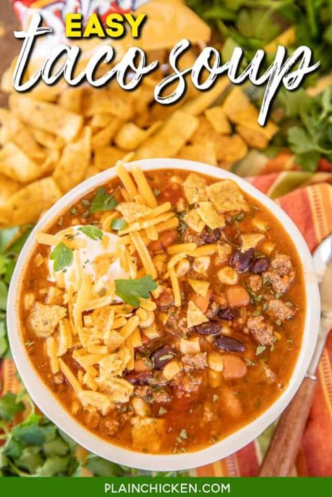 Easy One-Pot Meals - Plain Chicken Mexican Tomato Soup, Beef Taco Seasoning, Chicken Taco Soup Recipe, Ground Beef Taco, Easy Taco Soup, Beef Taco, Taco Soup Recipe, Chicken Taco Soup, Plain Chicken