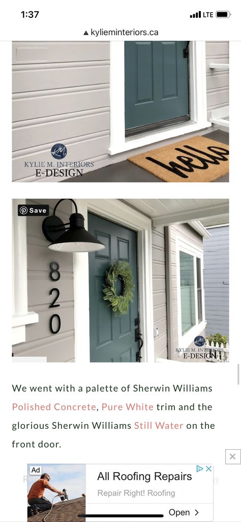 Still Water Front Door, Still Water Sherwin Williams, Beachy Farmhouse, Exterior Paint Colors For House, Front Door Colors, Interior Paint Colors, White Concrete, Exterior Paint Colors, Polished Concrete