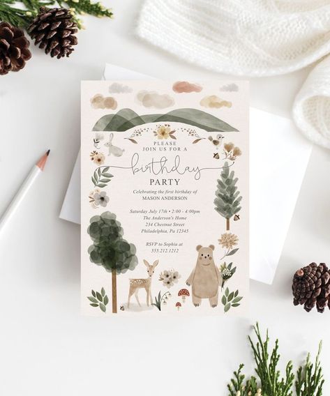 Boho Woodland Birthday Party Invitation Template, Birthday Invite, Printable, Editable Birthday Party Invite for Kids, For Him, For Her #PartyThemes #AnimatedTheme Woodland Theme Birthday Party, Cute Birthday Invitations, Bear Birthday Party Invitations, Baby Birthday Invitation Card, Birthday Party Invite Template, Woodland First Birthday, Kids Party Invitations, First Birthday Invite, Virtual Baby Shower Invitation