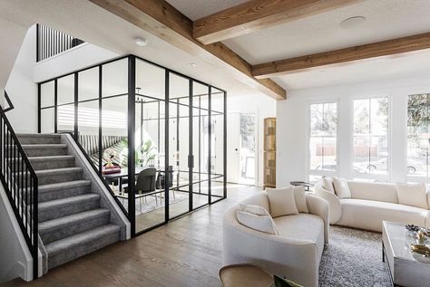 I R O N E L E M E N T S on Instagram: “This custom 270° office makes a statement as soon as you walk through the front door. • Custom home by @justingrayhomes • Home interior…” Loft Upstairs Ideas, Home Office Glass Doors, Home Office With French Doors, Office With French Doors, Box Beams, Desert Willow, Apartment Guide, Minimalist Home Office, Dream Cabin