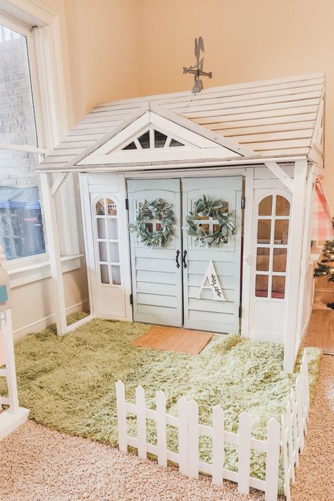 Kidkraft Country Vista Playhouse Makeover, Repurposed Playhouse, Backyard Discovery Playhouse Makeover, Makeover Playhouse, Kids Playhouse Interior, Kidkraft Playhouse, Kidkraft Playhouse Makeover, Kids Playhouse Makeover, Diy Playhouse Makeover