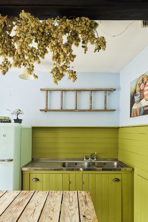 Chartreuse Kitchen, Oak Floorboards, Sweet Kitchen, Timber Staircase, Red Brick Walls, Quirky Kitchen, Timber Beams, Brick Colors, Colors Palette