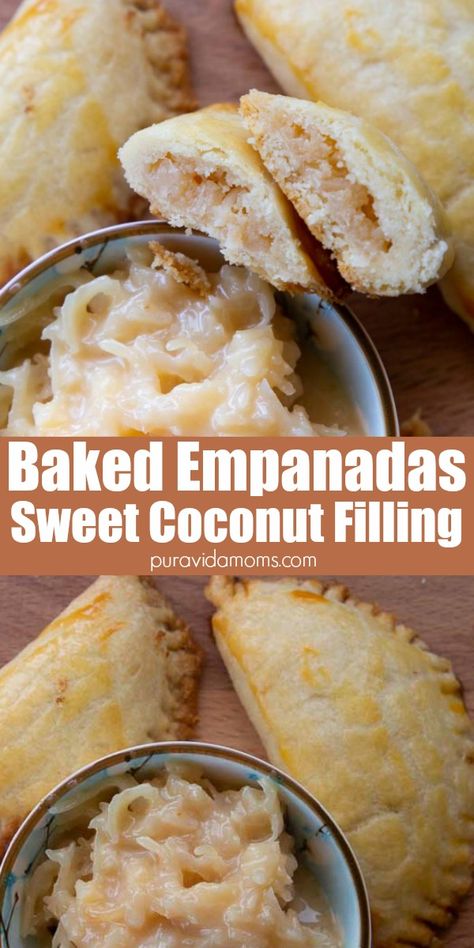 These Costa Rican coconut empanadas combine sweet coconut bathed in evaporated milk and baked inside a floury pastry dough for the perfect decadent dessert. Empanadas de coco, dessert, sweet empanada, Costa Rican food, Latin food, baking recipe, sweets Latin Desserts Easy, Coconut Empanadas, Coconut Pastry, Desert Empanadas, Empanada Filling Recipes Desserts, Sweet Empanadas, Empanadas Recipe Sweet, Costa Rican Empanadas, Dessert Empanadas