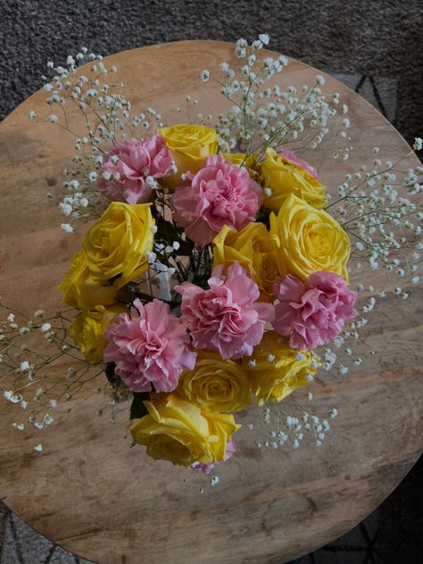 pink and yellow flowers with baby breaths Yellow And Pink Flower Bouquet, Yellow Carnation Bouquet, Pink And Yellow Flower Arrangements, Yellow And Pink Bouquet, Pink And Yellow Wedding Theme, Pink And Yellow Bouquet, Yellow Baby Shower Decorations, Yellow And Pink Wedding, Bride Bouquet Pink