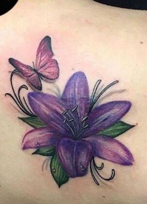 Lotus Flower Butterfly Tattoo, Lily Butterfly Tattoo, Lotus And Butterfly Tattoo, Flower Cover Up Tattoos, Purple Flower Tattoos, Lily Tattoos, Ink Tattoo Design, Butterfly Tattoo Cover Up, Butterfly With Flowers Tattoo