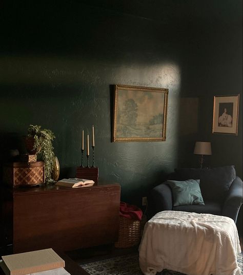 Monochromatic Moody Bedroom, Evergreen Room Decor, Black Evergreen Bedroom, Black Evergreen Behr Paint Bedroom, Black Evergreen Paint Behr, Dark Bedroom Paint, Behr Black Green Paint, Behr Black Evergreen, Dark Wood And Green Bedroom