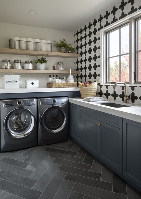 A Belgian farmhouse style update to this beautiful Colorado home Farmhouse Interior Door, Brizo Faucet, Belgian Farmhouse, Modern Farmhouse Laundry Room, Small Utility Room, Cozy Window Seat, Custom Laundry Room, Laundry Room Flooring, Modern Laundry