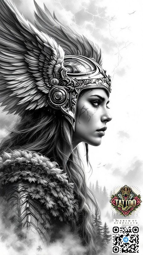 Viking Lady Tattoo, Valkyrie Tattoo Woman Female Warriors, Viking Valkyrie Tattoo Design, Warrior Women Tattoo, Tattoo Goddesses, Valkyrie Norse, Valhalla Tattoo, Viking Drawings, Tattoo Portfolio Ideas