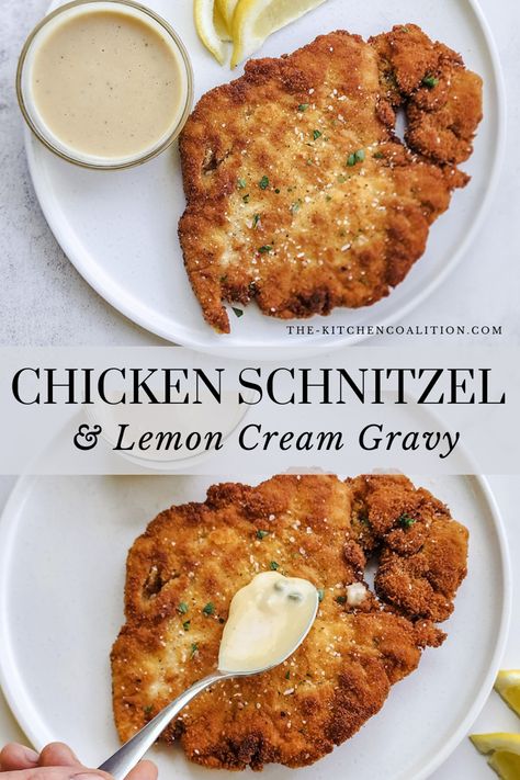 This Chicken Schnitzel with Lemon Cream Gravy is so perfectly simple and absolutely delicious. Seriously, it’s pretty difficult to turn down perfectly golden-brown fried chicken. You have the option to slather it in my Lemon Cream Sauce or keep it traditional with a hefty squeeze of fresh lemon juice, parsley, and a touch of kosher salt. Either way, you’re in for a treat!

Give this recipe a try and let me know what you think! Chicken Shnitzel, Meat Goats, Fried Chicken Cutlets, German Food Authentic, Schnitzel Recipes, Cream Gravy, Pork Schnitzel, Chicken Schnitzel, Cutlets Recipes