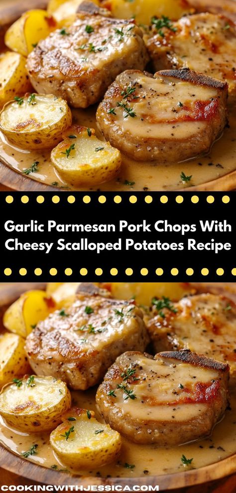 Searching for a flavorful dish? These Garlic Parmesan Pork Chops with cheesy scalloped potatoes make a fantastic option for any occasion. Enjoy a stress-free cooking experience that results in a crowd-pleasing dinner everyone will love. Garlic Parmesan Pork Chops, Cheesy Scalloped Potatoes Recipe, Creamy Scalloped Potatoes, Parmesan Pork Chops, Cheesy Scalloped Potatoes, Scalloped Potatoes Recipe, Seared Pork Chops, Scalloped Potatoes Cheesy, Juicy Pork Chops