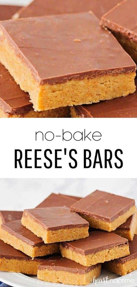 These no bake peanut butter bars are the perfect peanut butter and chocolate combination! They are easy to make in 10 minutes with only 7 ingredients and taste almost like a homemade Reese's. Reese's Bars, No Bake Peanut Butter Bars, Bars Dessert, Easy Dessert Recipes Quick, No Bake Peanut Butter, I Heart Naptime, Butter Bars, Peanut Butter Desserts, Peanut Butter Bars