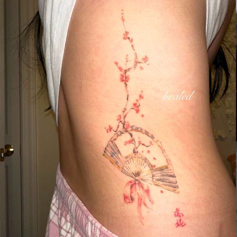 HEALED! from PA! one of my favs i love doing fans and ink cherry blossoms 🌸 thank you so mich 🫧 #tattoo #fantattoo #cherryblossomtattoo #whimsicaltattoo #surrealtattoo Pink Cherry Blossom Tattoo, Cherry Blossom Tattoo Thigh, Peach Blossom Tattoo, Whimsical Tattoos, Tattoo Thigh, Surreal Tattoo, Fan Tattoo, Pink Cherry Blossom, Blossom Tattoo