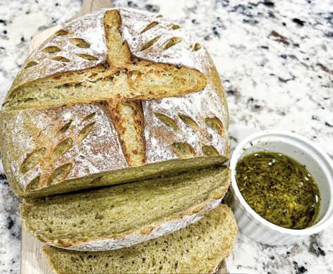 Pesto Cheese Bread is the perfect all-in-one appetizer! Pesto Cheese Bread is Sourdough Dutch Oven Bread dough combined with Spinach Pistachio Pesto and then kneaded with Parmesan Cheese. Bring this to your next gathering for a show-stopping recipe. #sourdoughbread #bakeheaththx #pestobread #homemadebread #gardenfreshpesto Pesto Parmesan Sourdough, Sourdough Dutch Oven Bread, Sourdough Dutch Oven, Pesto Bread, Gourmet Chicken, Pesto Cheese, Oven Bread, Dutch Oven Bread, Pistachio Pesto