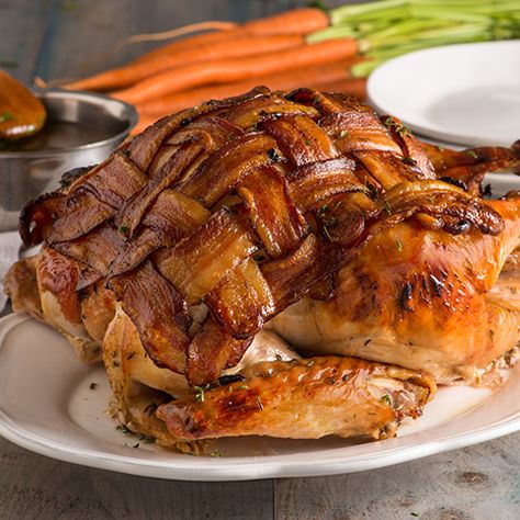 Bacon-Wrapped Turkey with Maple and Mustard - Honeysuckle White® turkey Cajun Turkey Recipe, Bacon Lattice, Maple Glazed Chicken, Turkey Glaze Recipes, Turkey Bacon Wrap, Mustard Recipe, Turkey Glaze, Turkey Broth, Sprouts With Bacon