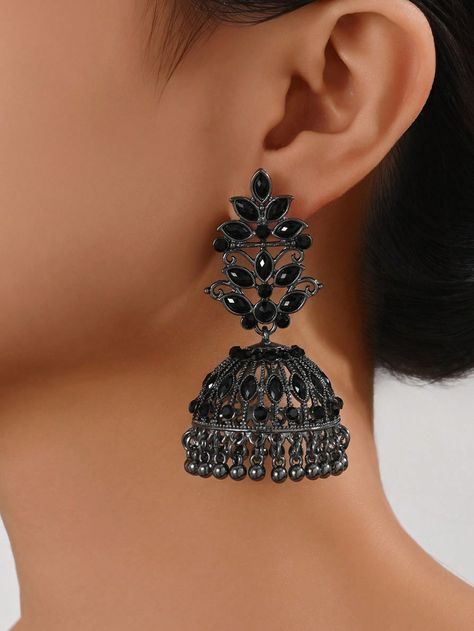 1pair Elegant Black Rhinestone Jhumka Bohemian Style Earrings Suitable For Women's Daily & PartyI discovered amazing products on SHEIN.com, come check them out! Black Jhumka, Jhumka Designs, Tassel Drop Earrings, Bell Pendant, Pearl Hoop Earrings, Jhumka Earrings, Earrings Women, Watches Women Fashion, Black Rhinestone