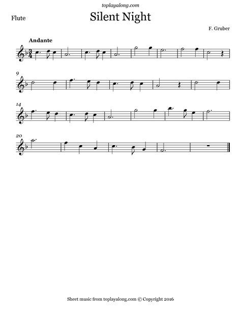 Silent Night by Gruber. Free sheet music for flute. Visit toplayalong.com and get access to hundreds of scores for flute with backing tracks to playalong. Flute Sheet Music Kpop, Percussion Sheet Music, Christmas Flute Sheet Music, Easy Flute Sheet Music, Christmas Flute Music, Flute Music Sheet, Flute Aesthetic, Flute Sheet Music Disney, Silent Night Sheet Music