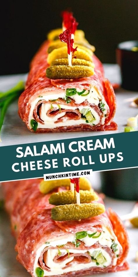 Salami Roll Ups Appetizers, Salami Cream Cheese Roll Ups, Salami Roll Ups, Salami Cream Cheese, Cream Cheese Roll Ups, Cheese Roll Ups, Munchkin Time, Salad Jars, Cream Cheese Roll Up