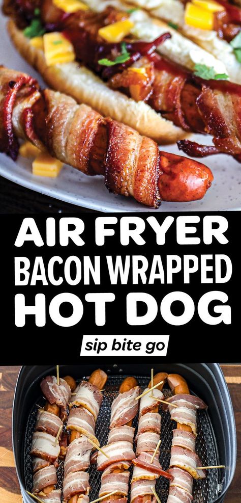 Bacon Wrapped Hot Dogs Hot Dog Air Fryer Recipe, Air Fry Bacon Wrapped Hot Dogs, Air Fryer Hot Dogs With Bacon, Bacon Hotdogs Recipes, Bacon Cheese Hotdogs, Air Fry Hotdogs, How To Air Fry Hotdogs, Bacon Wrapped Hot Dogs Air Fryer, Hotdogs In The Air Fryer