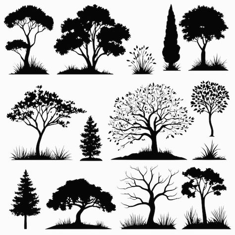 Tree silhouette set vector illustration | Premium Vector #Freepik #vector #tree #black #flat #plants Tree Outline Silhouettes, Plants Silhouette, Tree Vector Illustration, Art Homework, Tree Outline, Tree Vector, Painted Items, Vector Trees, Tree Silhouette