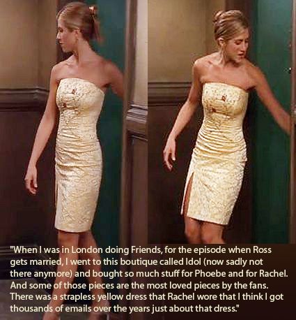 Rachel Green Chinese Dress, Rachel Dress Friends, Rachel Green Brown Dress, What To Wear With Strapless Dress, Rachel Green Yellow Dress, Rachel Green Dress, Chandler Joey, Friends Clothes, Monica Rachel