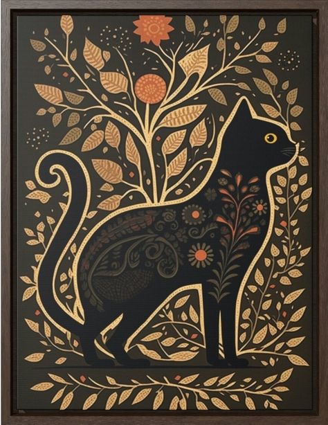 Looking for a unique and eye-catching piece of wall art to add to your gallery wall? Check out this charming folk art style print featuring a beautiful black cat in beautiful autumn color tones. Perfect for Halloween and the autumn season, this black cat witchy art will add a touch of whimsy and magic to your home decor. Handcrafted with care and attention to detail, this print is sure to become a beloved piece in your collection. Available in multiple sizes. Witchy Folk Art, Halloween Folk Art Diy, Black Cat Folk Art, Pagan Folk Art, Forest Folk Art, Gothic Folk Art, Animal Folk Art, Folk Cat, Fall Folk Art