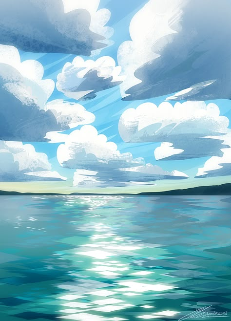 . Wallpaper Fantasy, Sea Drawing, Sea Illustration, Art Landscapes, Landscape Illustration, Sky Art, Background Art, Environment Concept Art, Environmental Art