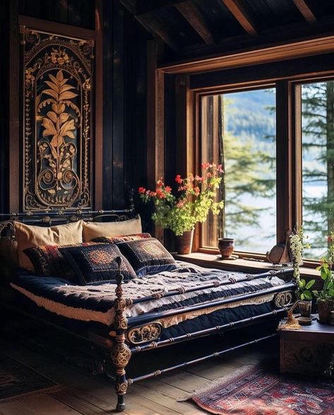 Dark Home Aesthetic, Dark Cabin, Tiny House Nation, Bedroom Bliss, Bohemian Bedroom Decor, Tiny House Movement, Bohemian Bedroom, Tiny Apartment, Patio Spaces