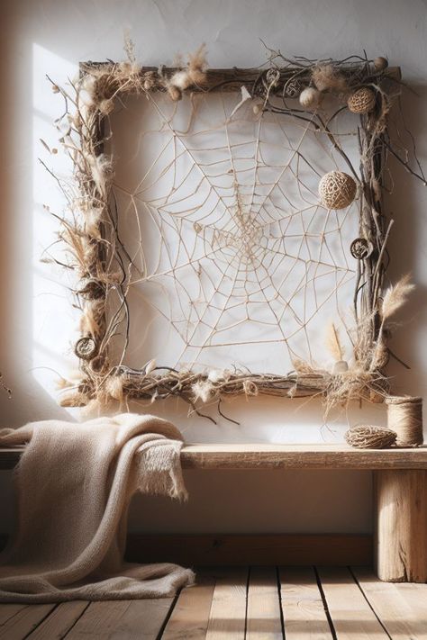 Witch Decor Aesthetic, Wall Candle Holders Diy, Shaman Aesthetic, Diy Gothic Decor, Woven Branches, Diy Wood Frame, Halloween Tea Party, Fall Carnival, Spider Web Decoration