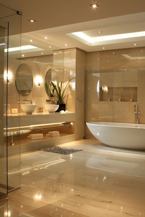 Neutral Tone Interior Design, Modern Large Bathroom Design, Luxury Neutral Aesthetic, Luxury Modern Bathroom Design, Minimalistic Luxury Interior, Beige Interior Aesthetic, Modern Beige House, Cream Color Bathroom, Beige House Aesthetic