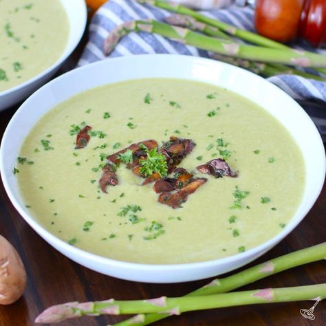 Asparagus Mushroom Soup Asparagus And Mushroom Soup, Asparagus Mushroom Soup, Asparagus And Mushroom Recipes, Soup With Asparagus, Brussel Sprout Soup, Mushroom Potato Soup, Shiitake Mushroom Soup, Bacon Mushroom Pasta, Asparagus Mushroom