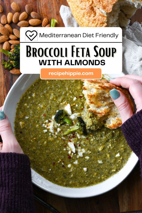 Roasted broccoli is simmered with almonds and blended to create an absolutely delicious and super healthy soup recipe! It comes together fairly quickly and is loaded with vitamins, plant-based protein, and healthy fats. Despite only using a handful of ingredients, it isn’t short on delicious flavor. Trust me, broccoli feta soup with almonds is going to be your new obsession. Feta Soup, Broccoli Feta, Healthy Soup Recipe, Blue Zones Recipes, Broccoli Benefits, Zone Recipes, Feta Cheese Recipes, How To Make Broccoli, Roasted Garlic Cloves