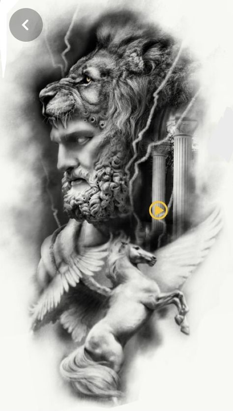 Hercules Tattoo Mythology, Hercules Tattoo, Tattoos Lion, Pegasus Tattoo, Greek God Tattoo, Zeus Tattoo, Spartan Tattoo, Lion Head Tattoos, Statue Tattoo