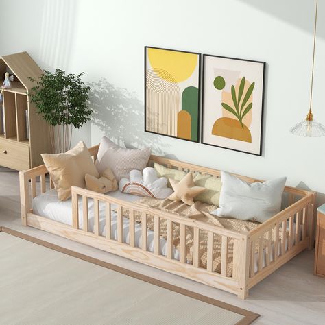 PRICES MAY VARY. 🧸【Floor Bed with Safety Guardrails】The toddler floor bed being so close to the floor and surrounding solid wood safety guardrails, eliminates the risk of any nasty falls and bumps, provide a safer and more fun sleeping or playground space for kids. 🧸【Cultivate Kids to Sleep Independently】This montessori floor bed design the low height can help transition away from co-sleeping or bed-sharing and towards a more independent sleep space, develop their independence, and the full le Toddler Floor Bed Twin, Full Size Kids Bed Boy Rooms, Montessori Floor Bed Toddler, Montisorri Baby Floor Bed, Cozy Toddler Bedroom, Floor Bed Decor Ideas, Floor Bed Design, Twin Montessori Bed, Toddler Room Boy