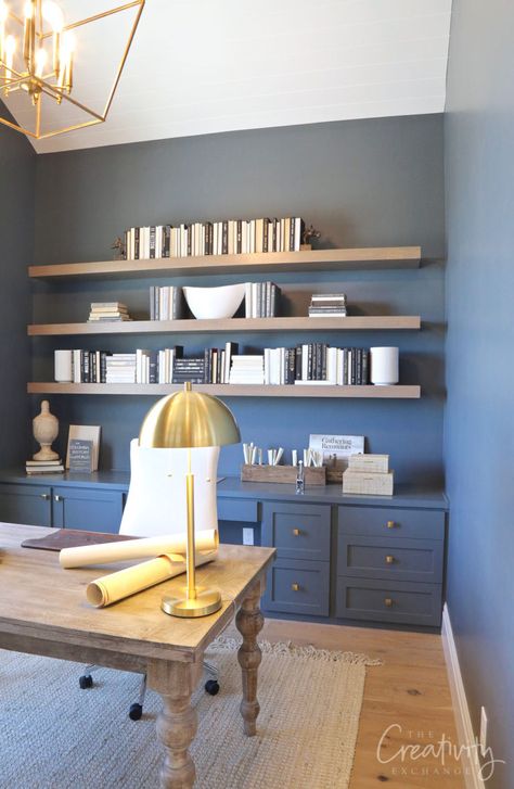 Office Blue Design, Grays Harbor Sherwin Williams, Blue Office Design, Blue Office Ideas, Home Office Backdrop, Blue Office Decor, Office Backdrop, Blue Home Offices, Grays Harbor