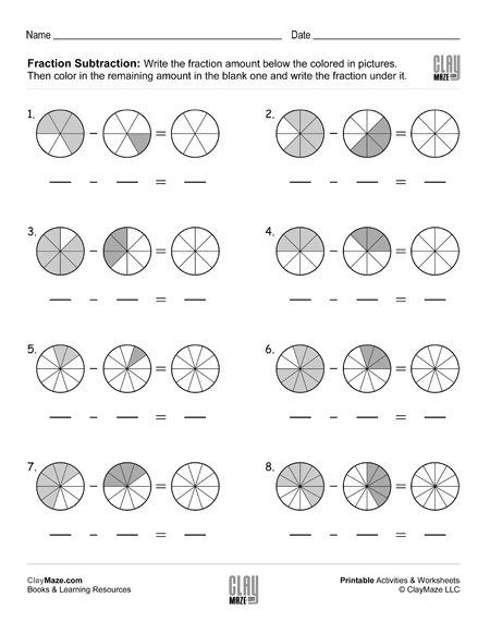 Fraction Subtraction with Same Denominators (Set 4) Math Worksheets For Kids, Addition Of Fractions, Fraction Lessons, Free Math Printables, Adding Fractions, 4th Grade Math Worksheets, Subtracting Fractions, Fourth Grade Math, Fractions Worksheets